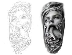 an artistic tattoo design with a woman's face and head on the left side