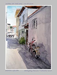 a watercolor painting of a motorcycle parked on the side of a street next to a building