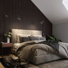 a large bed sitting in the middle of a bedroom next to a wooden paneled wall