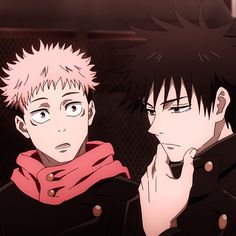 two anime characters one with pink hair and the other without his eyes are looking at something