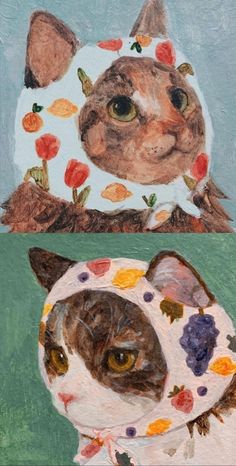 a painting of a cat and a dog with flowers on their collars, one is brown and the other is white