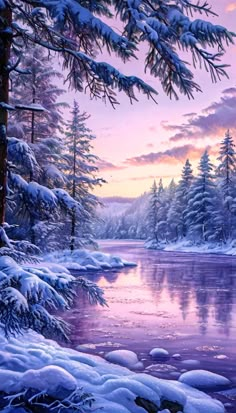 a painting of snow covered trees and water at sunset with the sun setting in the distance