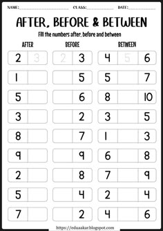 the after, before and between worksheet with numbers