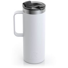 a white coffee mug with a black lid and handle is shown on a white background