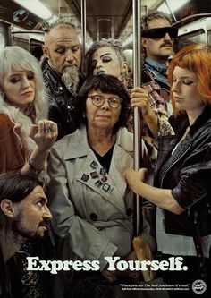 a group of people riding on a subway car with the words express yourself written on it