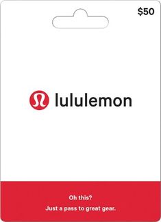 a red and white card with the word lululemon on it's side