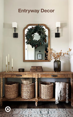 the entryway is decorated with wicker baskets and a wreath on top of it