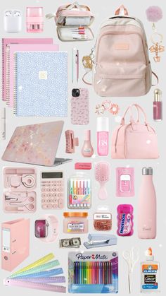 the contents of a pink backpack are arranged on a white background with pastel colors