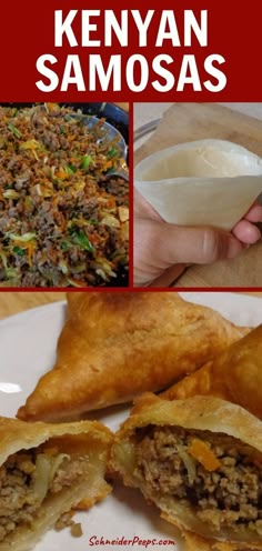 there are pictures of different food items on this plate and in the background is an egg roll