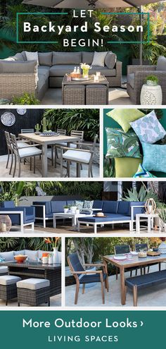 an outdoor patio with lots of furniture and accessories