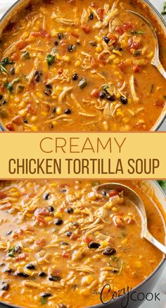 creamy chicken tortilla soup in a large pot