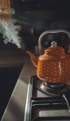 a tea kettle sitting on top of a stove with steam coming out of the pot