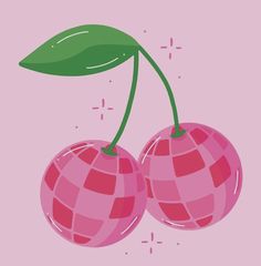 two cherries with green leaves on pink background