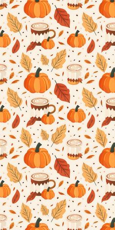 an orange and white fall pattern with leaves, pumpkins and other autumn items on it