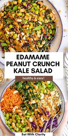 two plates filled with different types of food and the words edamame peanut crunch kale salad