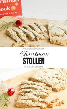 christmas stollen is cut into pieces and placed on a cutting board next to a book