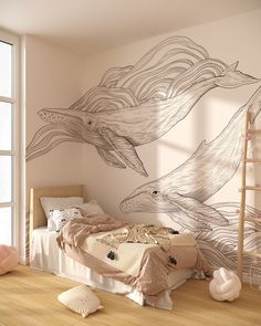 Fototapeta liniowe delikatne wieloryby na jasnym tle Surf Room Decor, Bedroom Murals, Cozy Room, Dream House Decor, Dream Home Design, Bedroom Wall, Bedroom Inspirations, Wall Mural, Room Makeover