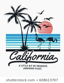 the california logo with flamingos, palm trees and seagulls in front of an ocean sunset