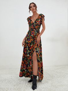 Split Thigh Dress, Guest Attire, Lantern Sleeves, Hem Dress, Chic Dress, Womens Maxi Dresses, Ruffle Trim, Boho Dress, Unique Fashion