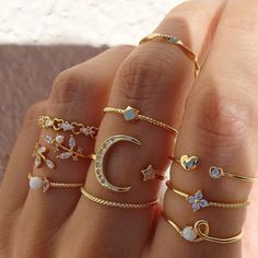 10 Piece Boho Moon Goddess Ring Set Metal Alloy Goldtone Slytherin Accessories, Rings Set For Women, قلادات متدلية, Bohemian Jewellery, Gold Color Ring, Knuckle Ring, Trendy Ring, Gold Ring Sets, Bohemian Rings