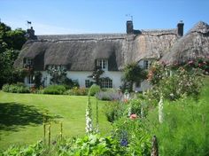 a house with thatched roof and flowers in the foreground, surrounded by lush green grass