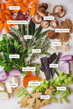 an array of different vegetables on a white counter top with the names of each vegetable