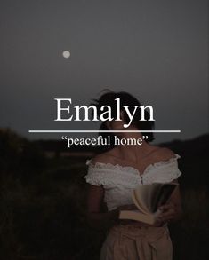 a woman standing in front of a moon with the words, emalyn peaceful home