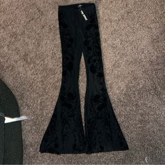 Nwt- Purchased For A Rave But Too Long For Me- Mesh Sides- Floral Design Along The Side- Flared- Prefect For Rave, Goth, Emo, Rock Halloween Black Velvet Flare Pants, Velvet Flare Pants, Crochet Pants, Velvet Flares, Flared Pants, Dolls Kill, Embroidered Flowers, Flare Pants, Bottoms Pants