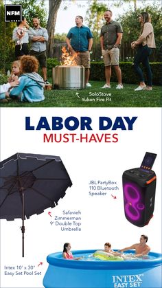 an inflatable pool with people around it and the words labor day must haves