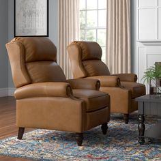 two brown recliners sitting on top of a rug