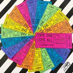 colorful tickets with the words come all in different languages on them, arranged around a black and white striped background