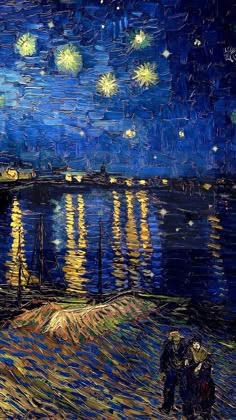 the starry night over the water has been painted