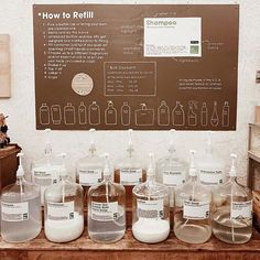 bottles of liquid are lined up in front of a sign that says how to refill