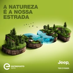 an advertisement for jeep with trees and water in the shape of islandes on green background