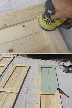 2-step instructions on how to properly sand wooden shutters before painting them. Farmhouse Style Exterior, Craftsman Exterior, Craftsman Style Homes, Wood Shutters, Window Shutters, Shabby Chic Homes