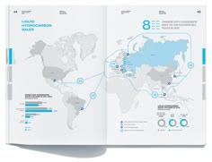 an open book showing the world map with infos on it and numbers in blue