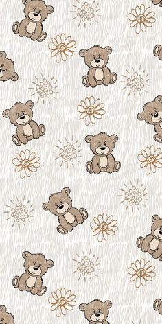 a brown teddy bear sitting on top of a white wall next to a flower pattern