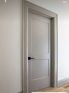 an empty room with a white door and wooden floor