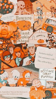 an image of halloween collage with pumpkins and cartoon characters on it's side