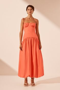 Coral Dresses, Coral Pink Dress, Elegant Midi Dress, Elegant Midi Dresses, Shona Joy, Bubble Hem, Bubble Skirt, Coral Dress, Orange Dress