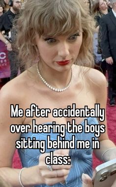 a woman in a blue dress with the caption me after accidentally over hearing the boys sitting behind me in class