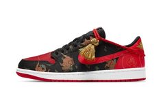 The Air Jordan 1 Low OG “Chinese New Year” is a limited edition colorway of Michael Jordan’s first signature shoe that celebrates the traditional Chinese holiday.  Limited to 8500 units, the “Chinese New Year” Jordan 1 Low is a desirable shoe that also shows love to the classic “Bred” colorway by employing black and red panels into its design.  Various floral designs are embroidered into the black and red canvas panels found on the forefoot, mid-panel, eyelets, and heel, respectively.  A Univers Chinese New Year Dress, Low Air Jordan 1, Jordan Model, Nike Air Jordan 1 Low, Japanese Store, Gold Sneakers, New Years Dress, Nike Air Jordan 1, Air Jordan 1 Low