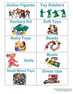 an image of toys that are labeled in the word action figurines, doctors kit, soft toys, baby toys, dolls, and music