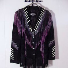 Vtg Beaded Western Native Women's Purple Fringed Leather Jacket Sz Xl .Missing Couple Rows Of Bead Work At Collar ,Otherwise In Good Shape . Aprox 21" Chest 27" Length Western Leather Jacket With Fringe For Winter, Long Sleeve Leather Jacket With Fringe For Rodeo, Fitted Leather Jacket With Fringe, Western Leather Outerwear With Fringe, Black Leather Fringe Outerwear, Fringe Leather Jacket, Western Jacket, Purple And Black, Leather Women