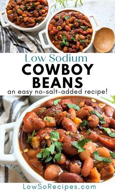 three bowls filled with cowboy beans and garnished with cilantro