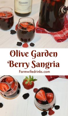 two glasses filled with liquid and strawberries next to bottles of olive garden berry sangria