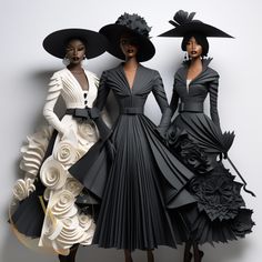 three women in dresses made out of paper