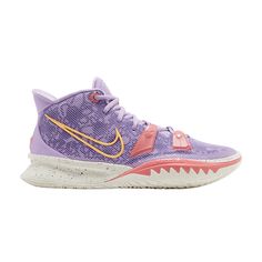 Find NIKE Kyrie 7 'daughters on Editorialist. The Nike Kyrie 7 ‘Daughters’ dresses the performance hoops shoe in a subtle palette made up of pastel hues. A lavender finish floods the breathable mesh upper, featuring a tonal floral print throughout the textile underlay. An embossed floral graphic decorates a quartet of coral-colored TPU fins that are integrated into the laces for a lockdown fit. ‘AZ’ is embroidered on the heel overlay as a nod to Kyrie Irving’s daughter, Azurie Elizabeth. Lightweight cushioning comes courtesy of a lightly speckled Phylon midsole, enhanced with an Air Zoom Turbo unit in the forefoot. Kyrie 7 Daughters, Nike Volleyball Shoes, Best Volleyball Shoes, Kyrie 7, Nike Factory, Purple Sneakers, Nike Kyrie, Kyrie Irving, Volleyball Shoes