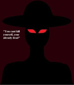 the silhouette of a person wearing a black hat with red eyes in front of a dark background