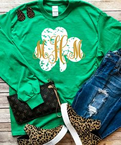 a st patrick's day shirt with leopard print on the bottom and green shamrock